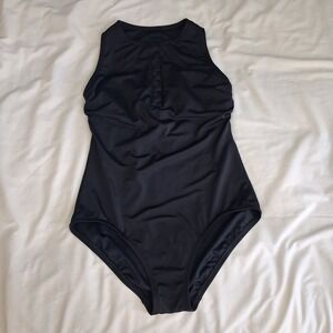 Lands End Womens Swim Suit Bathing Suit High Button Neck Black One Piece  Sz 6